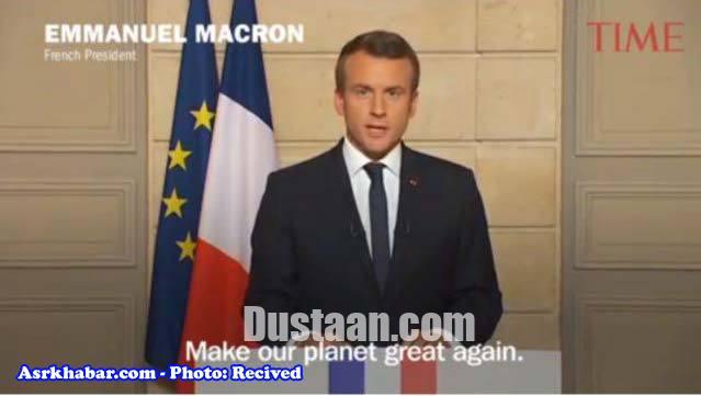 ماکرون شعار ترامپ را مسخره کرد/عکس