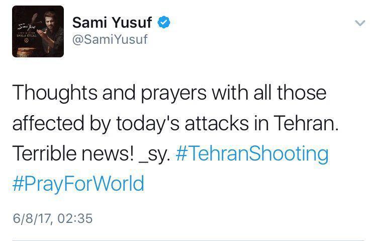 توئیت سامی یوسف در رابطه با حادثه تهران 