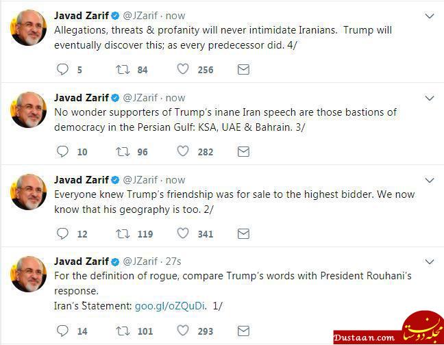 واکنش توییتری ظریف به سخنان ضدایرانی ترامپ +عکس