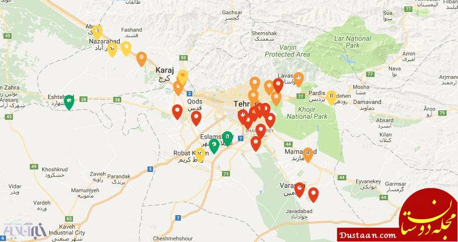 نقشه وضعیت آلودگی هوا شهرها / تهران، تبریز و کرج در وضعیت قرمز